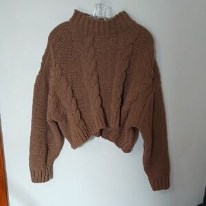 Altar'd State Brown Cable Knit Turtleneck Sweater Cozy Chunky Crop Size Small